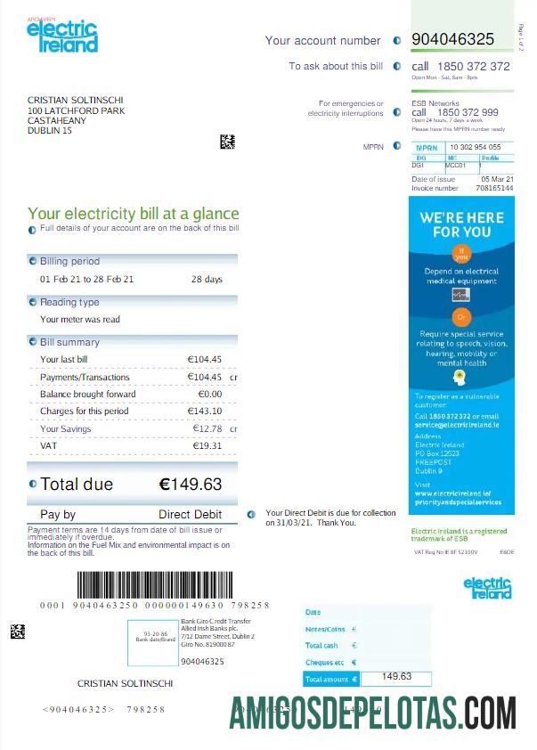 Para baxiar IRELAND ELECTRIC IRELAND Conta de serviços públicos Word e modelo PDF